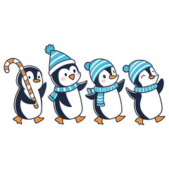 Fototapeta premium Adorable cartoon penguins in blue and white striped winter hats and scarves walking with candy cane for holiday greetings