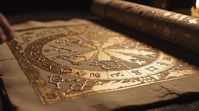 An open, illuminated, ancient scroll displaying a golden astrological chart
