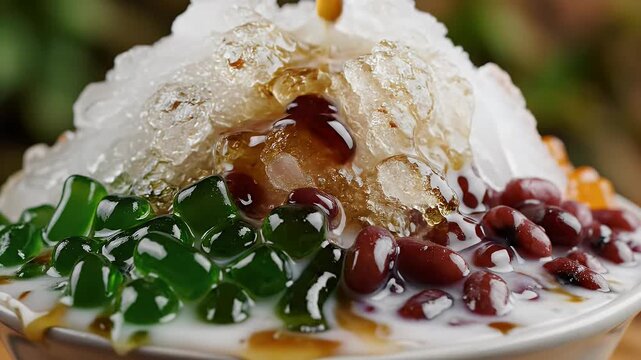 Sweet dessert with shaved ice, tapioca pearls, red beans, and syrup, close-up