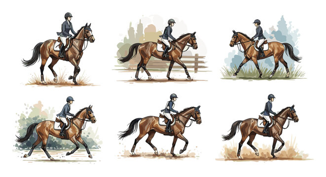Equestrian rider on horseback in various poses, watercolor illustration style