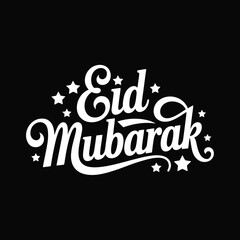 Eid Mubarak greeting text with stars on black background