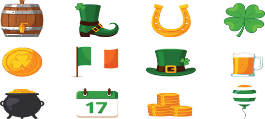 St Patricks Day Flat Icons Set &ndash; Irish Festival Celebration Vector Collection