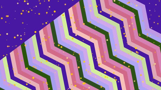 Vibrant zigzag pattern with colorful stripes and dots on a purple background viewed from directly above