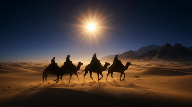 Tracking shot of camel caravan journeying across desert dunes at night