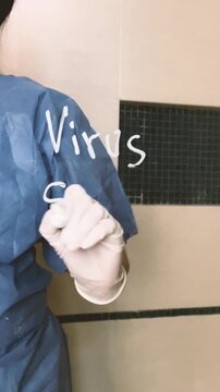 Healthcare professional analyzing saranpion virus writing in Spanish the same as measles outbreak, lock down camera