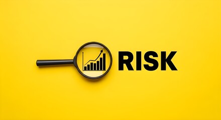 A magnifying glass highlights a growing bar chart within its lens, signifying increasing risk, positioned next to the large word "RISK" on a vibrant yellow background.