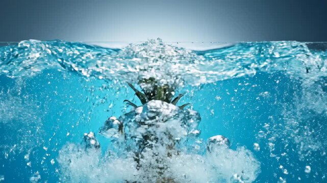 Pineapple splashing into clear blue water creating dynamic motion.