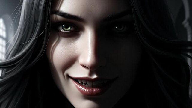 Intense Portrait of Dark Haired Woman with Glowing Green Eyes and Menacing Smile Inside Dim Interior