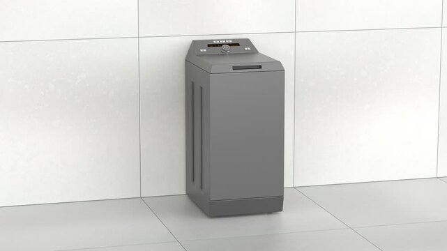 Black top-loading washing machine in empty laundry room