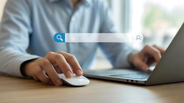 Searching for information online with a laptop and a computer mouse on a wooden desk