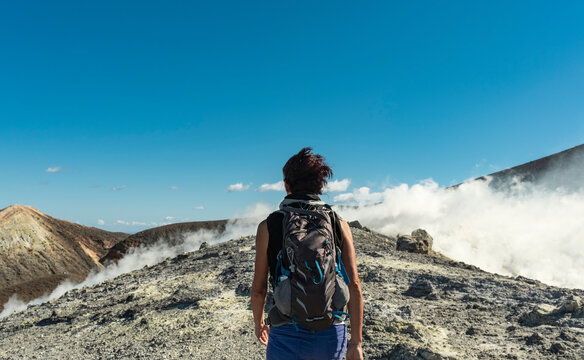 Hiker Near Volcanic Fumaroles