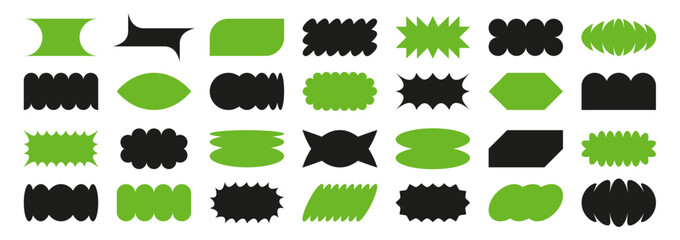 Obraz premium Neo geometric abstract shapes. Brutalist scalloped sticker, Acid Graphics jagged badges and Y2K starbursts frames. Squiggle text boxes, modern label borders and burst price tag backgrounds vector set