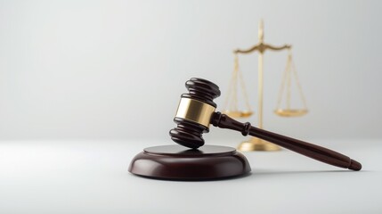 Justice system symbols gavel and scales on white background representing law judgment and fairness in a courtroom setting with legal verdict concept