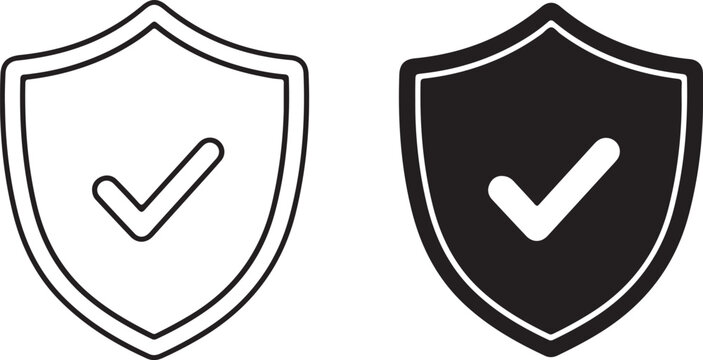 Two shields with checkmarks, one in black and white and the other in black isolated on white background, illustration