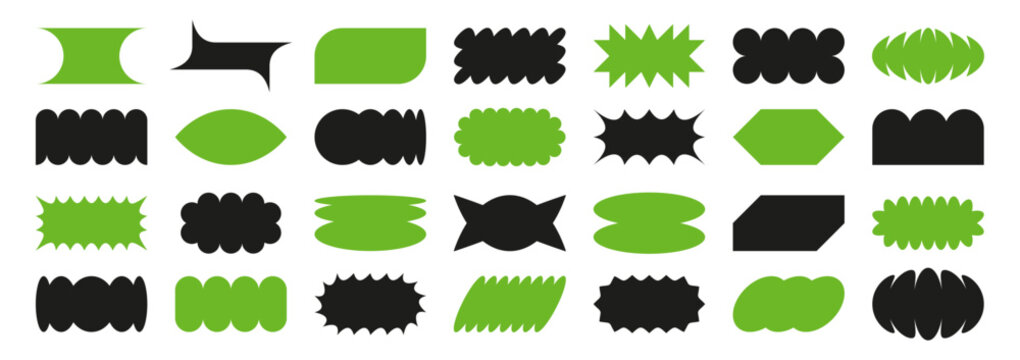Neo geometric abstract shapes. Brutalist scalloped sticker, Acid Graphics jagged badges and Y2K starbursts frames. Squiggle text boxes, modern label borders and burst price tag backgrounds vector set