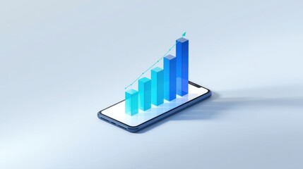 Fototapeta premium Vibrant 3d bar graph on a smartphone screen with blue bars rising high on a light background symbolizing growth and success in business and technology