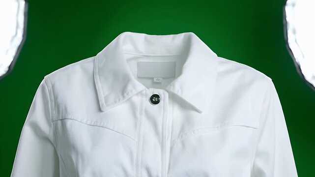 White twill jacket with a sharp collar and dark contrasting buttons