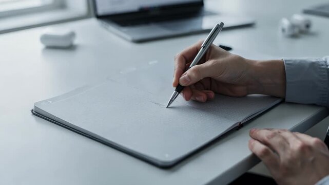 Medium shot of a person writing notes in a rewritable smart notebook with dotted pages highlighting precision and digital compatibility in a modern workspace.