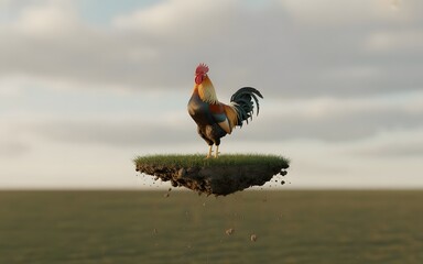 Floating Island Rooster &ndash; Surreal Environmental Metaphor
