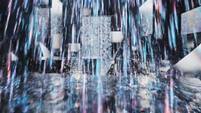 Frozen Waterfall Cascading Down a Crystal Rock Formation in a Serene Winter Landscape Scene
