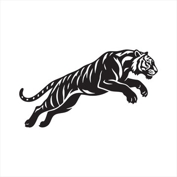 Tiger in mid-leap, powerful predator illustration, striped wild cat silhouette