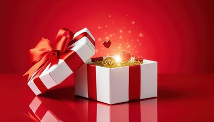 Gift of Love: An open gift box adorned with a red ribbon spills forth sparkling hearts and treasures, radiating feelings of warmth and affection, perfect for special occasions.