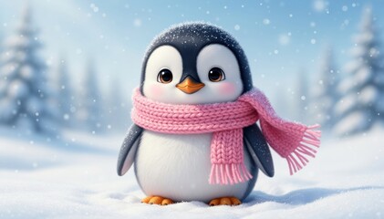Fototapeta premium Charming Penguin in Winter Wonderland: A delightful penguin, adorned with a cozy scarf, stands amidst a serene snow-covered landscape, embodying the charm and magic of winter.