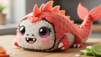Fototapeta premium Sushi Dragon: A playful sushi dragon creation, a delightful fusion of culinary artistry and fantastical design.