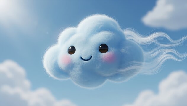 Joyful Cloud in Sky: A cheerful, fluffy cloud with a smiling face floats serenely against a bright, expansive sky, evoking a sense of wonder and childlike delight. 