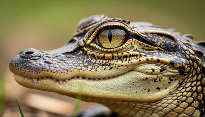 Fototapeta premium Alligator's Intense Gaze: A close-up portrait of an alligator, the reptile's eye locking in gaze, reveals the fierce beauty and raw power of nature.