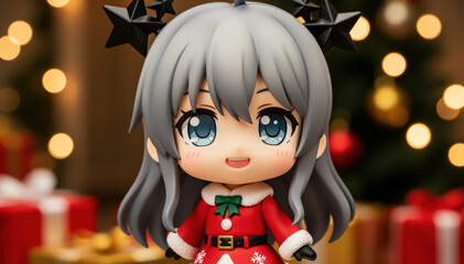 Christmas Doll Portrait: A charming doll dressed in festive attire, adorned with star-shaped antlers, radiates holiday cheer, nestled amongst a backdrop of Christmas decorations and warm.