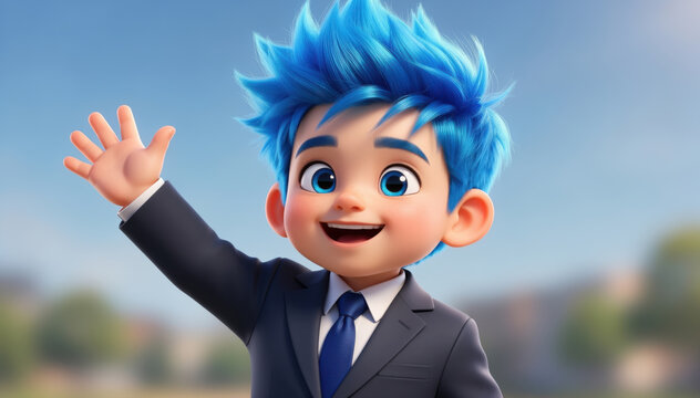 Friendly Greeting: An animated character in a suit waves with a cheerful smile against a bright, clear sky.