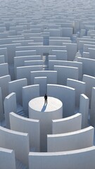 Fototapeta premium Lone businessman standing at center of vast white circular maze, reaching the goal, peak of success and achieving clarity in business
