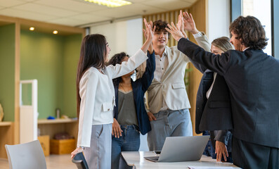Diverse business team high five, Corporate teamwork success, happy multi ethnic collaboration,...