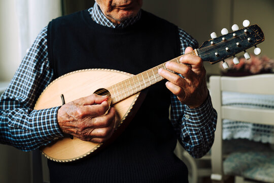 Hands of senior man playing a mandolin