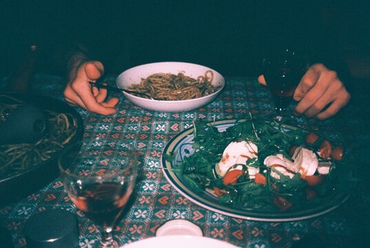 Italian dinner of pasta and salad

