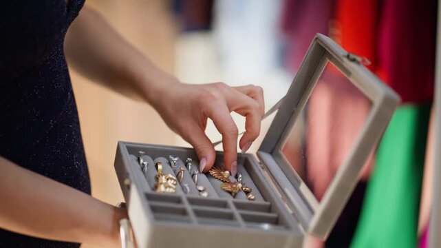 Hands opening jewelry box indoors closeup. Sexy brunette lady trying on earrings