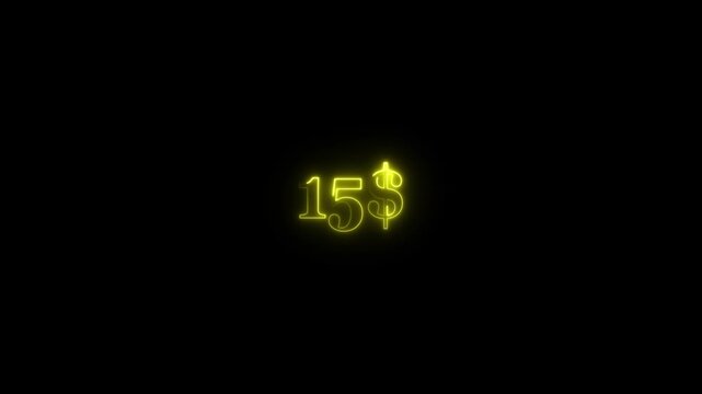 Dollar symbol animation on black background. Glowing neon yellow color dollar logo icon animated. Neon fifteen dollar sign. 4k video