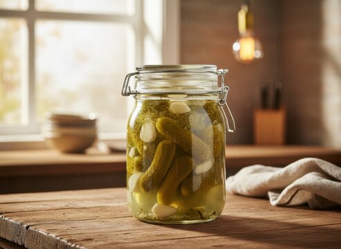 Glass Jar Filled With Pickles and Garlic Sitting On A Wooden Table With Soft Natural Light Streaming Through A Window