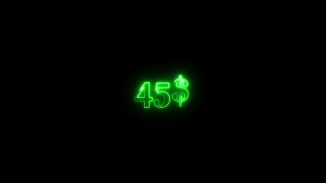 Dollar symbol animation on black background. Glowing neon dollar logo icon animated. Neon forty five dollar sign. 4k video