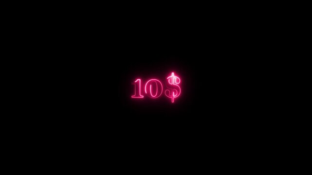 Dollar symbol animation on black background. Glowing neon red color dollar logo icon animated. Neon ten dollar sign. 4k video
