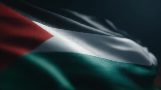 A close-up shot of a flag with a distinctive design, billowing in the wind, with textured fabric