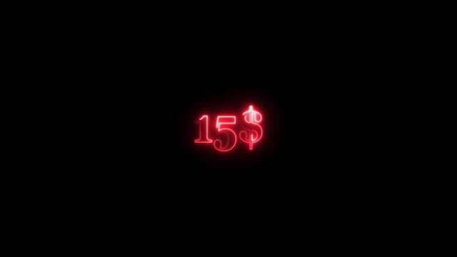Dollar symbol animation on black background. Glowing neon red color dollar logo icon animated. Neon fifteen dollar sign