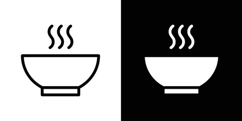 Soup bowl icon in solid fill style, displayed in black on white and white on black background. Ideal for food menus, restaurant branding, and kitchen-related designs.