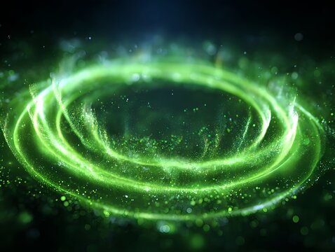 Futuristic green light wave field with expanding rings and radiant particle motion