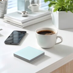 Mint Green Square Object On White Desk With Coffee Cup