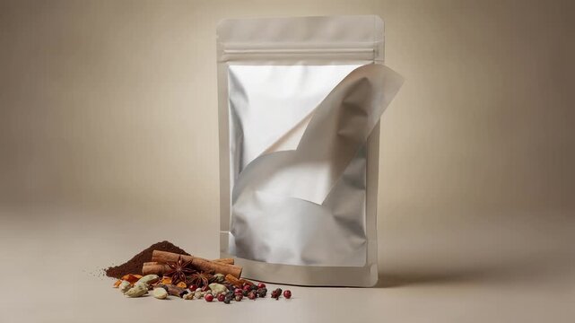 Medium shot showcasing triplex barrier packaging featuring three distinct layers securing the rich scent and flavor of freshly ground coffee and mixed spices.