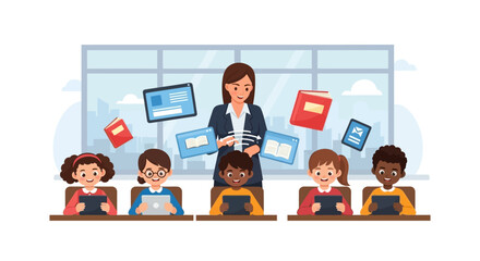 A teacher stands among four diverse children using tablets in a classroom with digital learning materials floating around them © Jangkrik