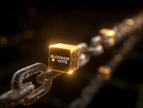 Blockchain Vote: A close-up, macro shot of a glowing, golden cube with the words BLOCKCHAIN VOTE etched onto its surface, signifying a decentralized voting system.