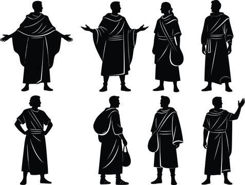 Black Silhouette Set of Ancient People Wearing Traditional Robes and Togas Featuring Biblical Characters Roman Citizens Greek Philosophers